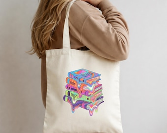 Colorful Dripping Books Tote Bag, Organic Cotton Reading Bag