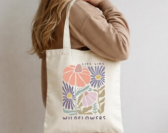 Organic Cotton Wildflower Tote Bag, Floral Canvas Grocery Bag