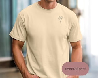 Daisy Embroidery Shirt, Minimalist Floral Chest Detail Tee, Cotton Womens T-Shirt