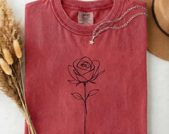 Minimalist Rose Line Art T-Shirt, Botanical Floral Graphic Tee