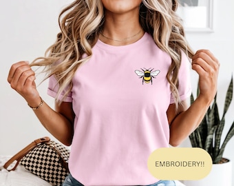 Embroidered Bee T-Shirt, Minimalist Insect Tee, 100% Cotton, Relaxed Unisex Fit