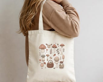 Mushroom Cottagecore Tote Bag, Organic Cotton Nature Canvas Bag