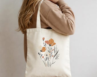 Organic Cotton Floral Tote Bag, Wildflower Grocery Bag, Minimalist Flower Design