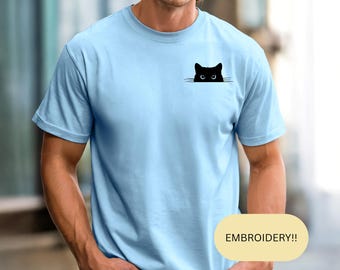 Embroidered Peeking Black Cat T-Shirt, Minimalist Cotton Tee