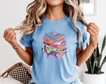 Melting Books T-Shirt, Colorful Stack Graphic Tee, Reader Gift