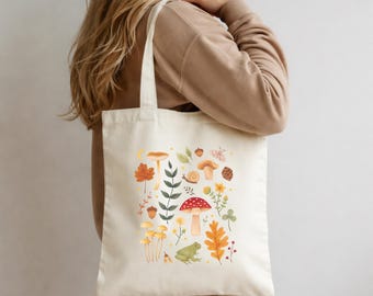 Organic Cotton Forest Mushroom Tote Bag, Cottagecore Nature Canvas Bag