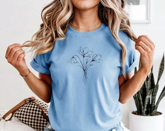 Minimalist Wildflower T-Shirt, Botanical Line Art Floral Tee, Spring Womens Top