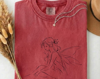 Minimalist Fairy Line Art T-Shirt, Fantasy Elf Graphic Tee, 100% Cotton Unisex Shirt