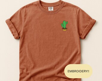 Embroidered Cactus T-Shirt, Plant Lover Tee, Minimalist Cotton Shirt