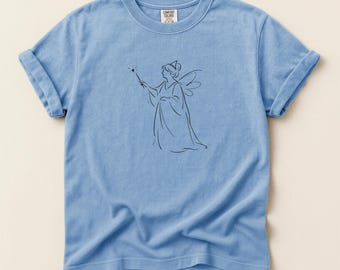 Minimalist Fairy Line Art T-Shirt, Simple Magic Woman Tee, 100% Cotton Garment-Dyed