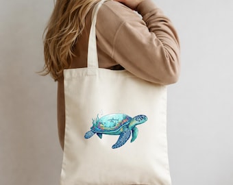 Sea Turtle Ocean Life Tote Bag, Organic Cotton Beach Grocery Bag