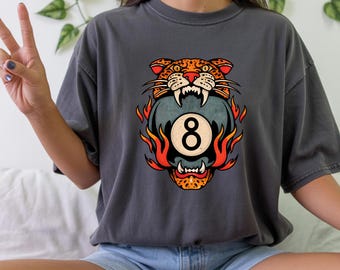 8 Ball Tiger Graphic Tee, Tattoo Style Pool Shirt