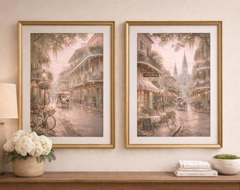 Romantic New Orleans Wall Art Set – Café & French Quarter Prints – Soft Pink Parisian Style Decor – Set of 2