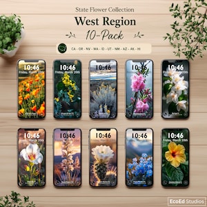 Peut inclure: Dix fonds d'écran pour smartphones présentant des fleurs d'État de la région Ouest. Chaque téléphone affiche une image florale différente, avec l'heure 10h46 et la date du vendredi 20 mars. Le texte "State Flower Collection" et "West Region 10-Pack" sont visibles.