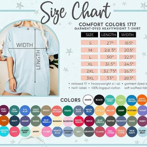 The image is a size chart for a garment-dye heavyweight t-shirt, providing measurements and corresponding colors.
