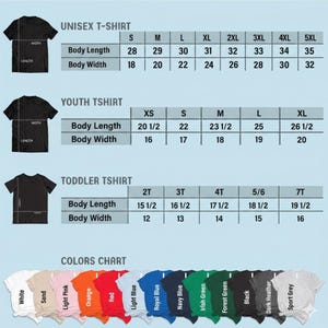 three different types of t-shirts with size charts and color charts, providing information about the t-shirt sizes and colors available.