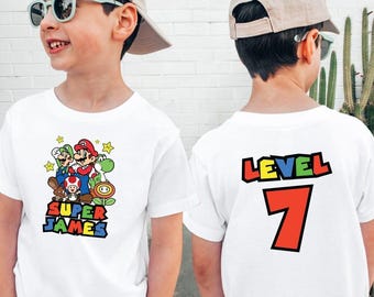 Camiseta personalizada de cumpleaños de Mario de 2 caras para niño y niña, regalos personalizados con nombre para niños pequeños, camiseta de cumpleaños de Super Mario, camiseta a juego para fiesta de cumpleaños familiar
