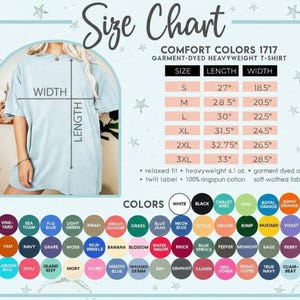 The image is a size chart for a garment-dye heavyweight t-shirt, providing measurements and corresponding colors.