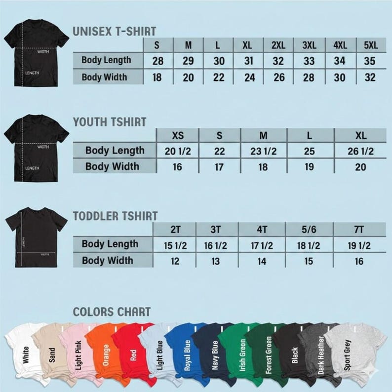 three different types of t-shirts with size charts and color charts, providing information about the t-shirt sizes and colors available.
