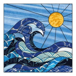 Padrão Kinusaiga em PDF, Molde de Onda do Oceano e Sol, Patchwork Japonês em Tecido, Download Digital para Impressão