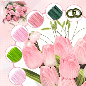 500PCS Pipe Cleaner Flower Kit DIY Chenille Stems Craft Set with Bouquet Wrapping Supplies, Floral Accessories & Video Guide