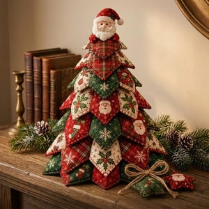 Könnte beinhalten: Ein dekorativer Weihnachtsbaumschmuck aus Stoff mit geschichteten, gesteppten dreieckigen Paneelen in Rot, Grün und Creme. Die Muster zeigen Weihnachtsmann-Gesichter, Schneeflocken, Stechpalmen und Karos. Eine Plüsch-Weihnachtsmannfigur sitzt an der Spitze.