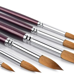 May include: A selection of artist paint brushes. The brushes feature dark burgundy handles, silver ferrules, and light brown bristles. They are arranged diagonally against a white backdrop, highlighting their different sizes and shapes.
