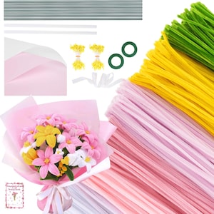 Pipe Cleaner Flower Kit with 600 Chenille Stems, Floral Supplies & Wrapping Paper DIY Craft Bouquet Making Kit for Adults Kids