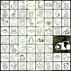 May include: A collection of animal stencils in various designs, including a fox, horse, kangaroo, rhino, giraffe, squirrel, and more. Each stencil is a square with a white animal outline on a clear background. The stencils are ideal for crafts and art projects.