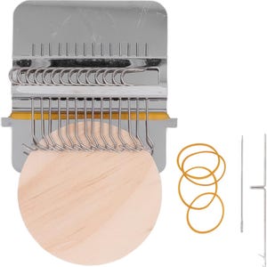 May include: A silver-colored knitting tool with multiple hooks and a wooden disc. Includes orange rubber bands, a needle, and a metal hook. The tool is designed for crafting and textile projects.