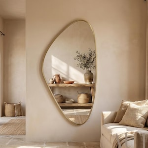 Miroir mural de forme organique, miroir asymétrique avec cadre doré, décoration de miroir de salon moderne