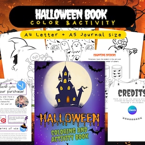 Può includere: Un set di libri da colorare e attività di Halloween con pagine A4 e A5 con illustrazioni in bianco e nero di fantasmi, teschi e ragni. La copertina mostra una casa stregata sotto una luna piena con il testo Halloween Coloring and Activity Book.