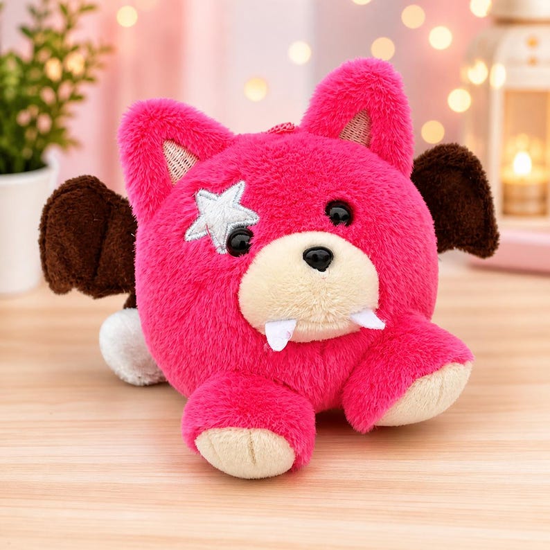 May include: A plush toy in the shape of a pink bear with brown bat wings. The bear has a white star on its face, black eyes, and two white fangs. The toy is designed to look like a cute, cuddly creature.