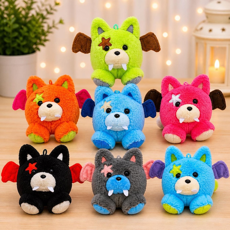 May include: A collection of plush monster toys in various colors, including green, orange, blue, pink, black, gray, and light blue. Each plush has bat wings, fangs, and a star-shaped patch. The toys are soft and cuddly.