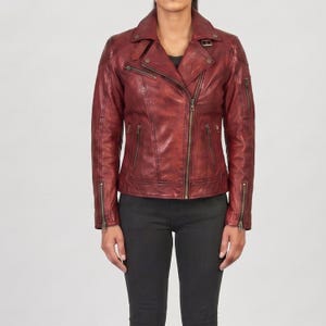 Women’s Red Leather Biker Jacket – Slim Fit Moto Jacket, Real Sheepskin Leather, Bold Motorcycle Jacket, Fall Winter Coat