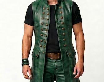 Colete de couro verde esmeralda do Capitão Jack Sparrow | Colete pirata steampunk | Colete medieval para cosplay | Colete longo de couro gótico