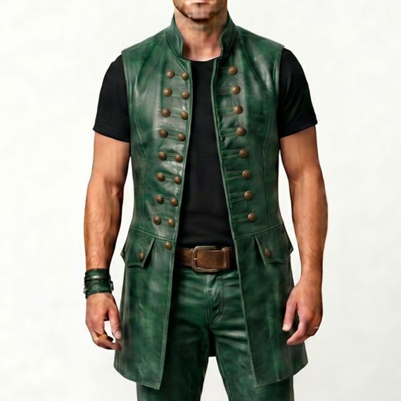 Emerald Green Captain Jack Sparrow Leather Vest | Pirate Steampunk Waistcoat | Medieval Cosplay Vest | Gothic Long Leather Vest