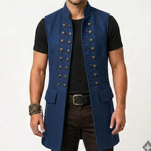 Blå ullväst för kapten Jack Sparrow | Piratsteampunkväst | Medeltida cosplaylång väst | Gotisk piratdräkt