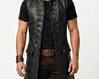 黒いキャプテン・ジャック・スパロウ風レザーベスト｜海賊風スチームパンクベスト｜中世風コスプレベスト｜ゴシック調ロングレザーベスト