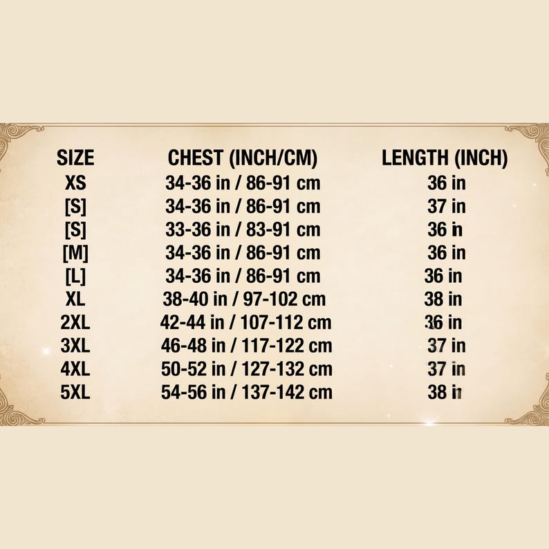 Pode incluir: Um gr&aacute;fico bege exibe as medidas de tamanhos de roupas. Os tamanhos variam de XS a 5XL, com medidas de peito em polegadas e cm, e comprimentos em polegadas. O gr&aacute;fico fornece um guia de tamanhos para vestu&aacute;rio.
