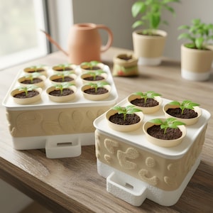 Könnte beinhalten: Zwei beige-weiße Anzuchtkästen mit jungen Pflanzen. Jedes Set hat ein Tablett mit kleinen Töpfen, die mit Erde und Setzlingen gefüllt sind. Eine Gießkanne und Topfpflanzen befinden sich im Hintergrund.