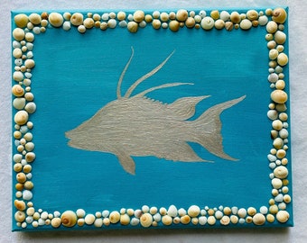 Hogfish Seashell Mosaic Turquoise & Silver with Cats Eye Shells on Canvas. Fishing Art Beach Art for the Ocean Lover. Perfect Gift