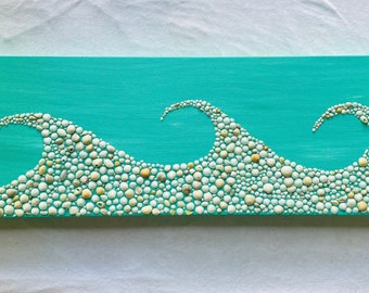 3 Ocean Waves Seashell Mosaic Turquoise w/ Reef Shell Mosaic Background. Beach House Art for Ocean Lovers and Coastal Design. Great Gift!