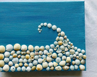 1 Wave Seashell Mosaic in Turquoise with Reef Shell Mosaic Background. Beach House Art Ocean Lovers Coastal Design Surf Chic Great Gift!