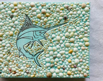 Marlin Seashell Mosaic in Aqua and Silver with reef shell background. Beautiful Beach House Art for the Ocean Lover. Perfect Gift