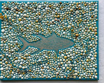 Yellowfin Tuna Seashell Mosaic in Aqua and Silver with reef shell background. Fish Decor Artwork Beach Decor Surf Decor Ocean Perfect Gift