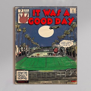 以下が含まれることがあります： 「IT WAS A GOOD DAY」の赤い文字が入ったコミック風アートプリント。緑色の車、ヤシの木、満月が描かれています。「7 NOV 1992」と吹き出しも含まれています。