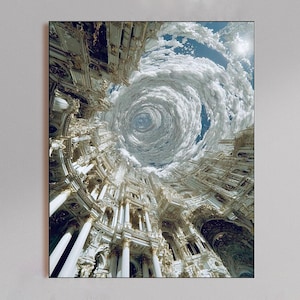 Può includere: Stampa architettonica con una formazione di nuvole a spirale sopra un edificio dettagliato e ornato. L'opera d'arte presenta una miscela di toni bianchi, oro e grigio, creando un'esperienza visiva surreale e accattivante. L'immagine è una composizione verticale.