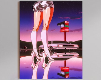Retro Cartoon Woman Lambo Poster | Neon 80s Synthwave Car Art (Giclée Print)