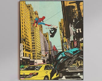 Spiderman Swing Poster | Comic Book Superhero Cityscape, Vintage Style
